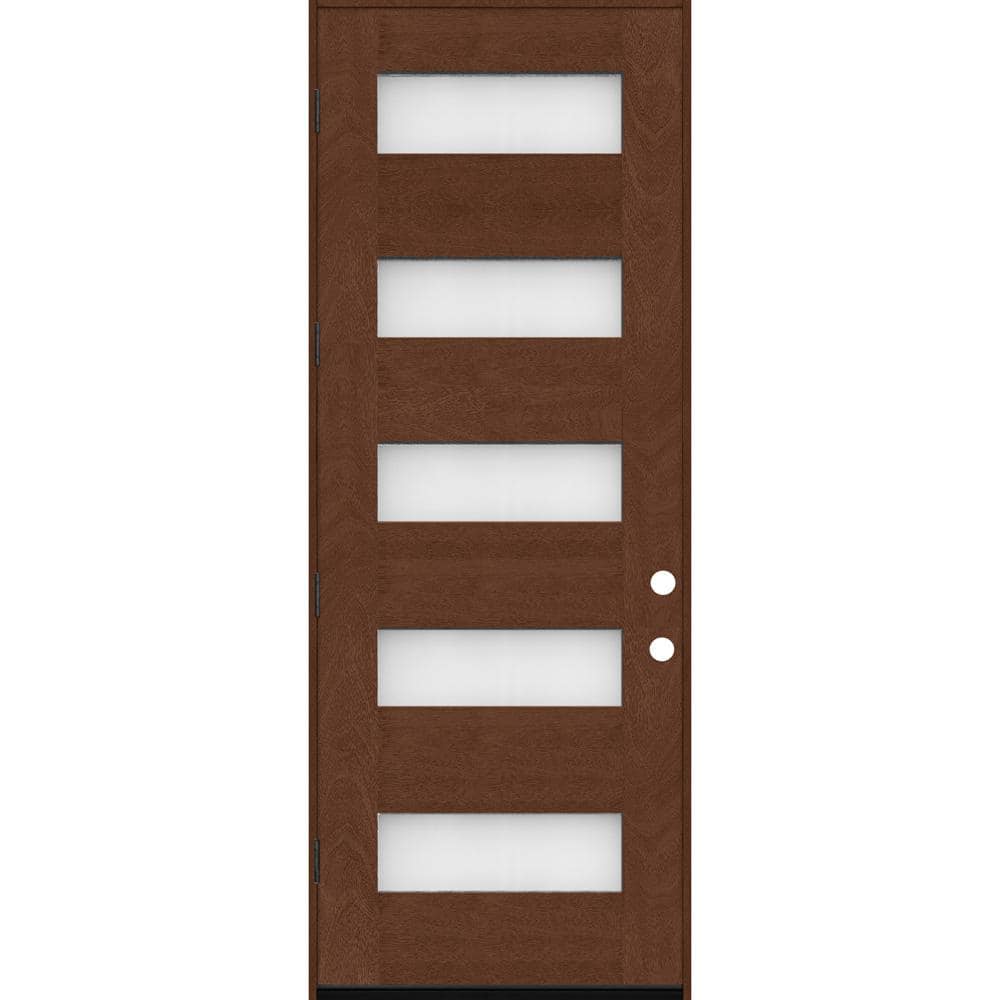 Steves & Sons Regency 36 in. x 96 in. 5-Lite Modern Frosted Glass RHIS Chestnut Stained Fiberglass Prehung Front Door