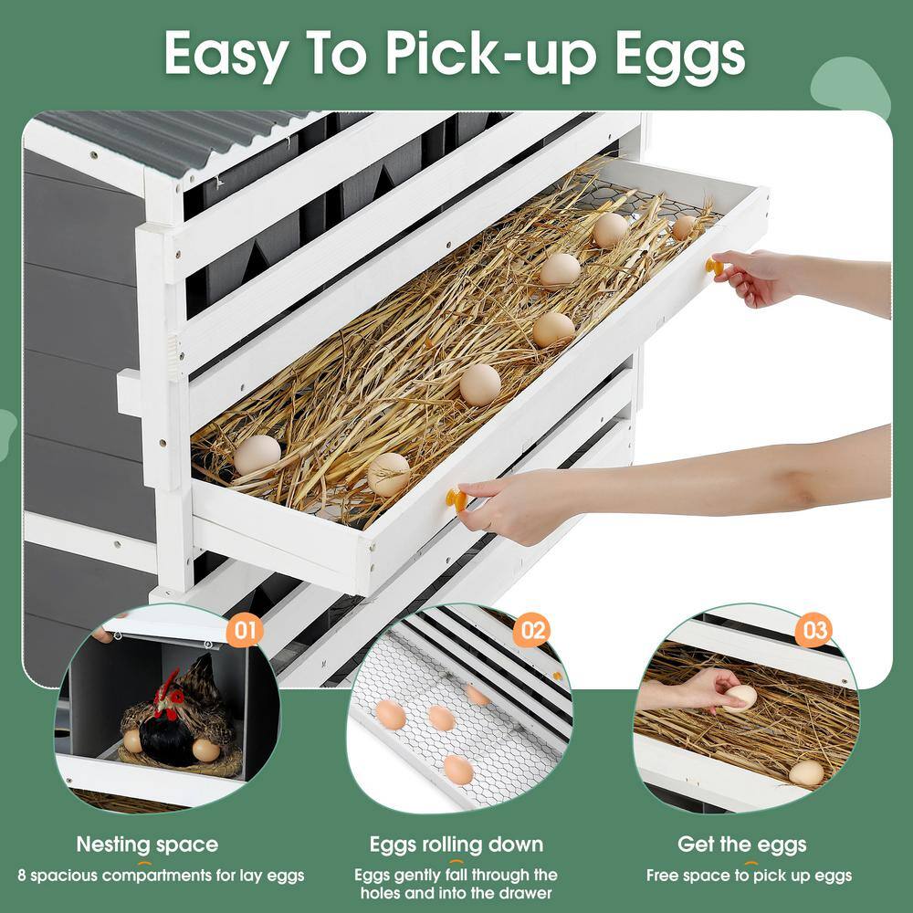 Large Wood Chicken Nesting Box for Laying Eggs with 2 Roll Out Egg Collection Drawers, 4 Vented and 8 Compartments