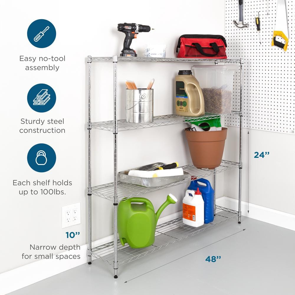 Steel 48 in. W x 48 in. H x 10 in. D 4-Tier Narrow Wide Garage Storage Shelving Unit, Chrome
