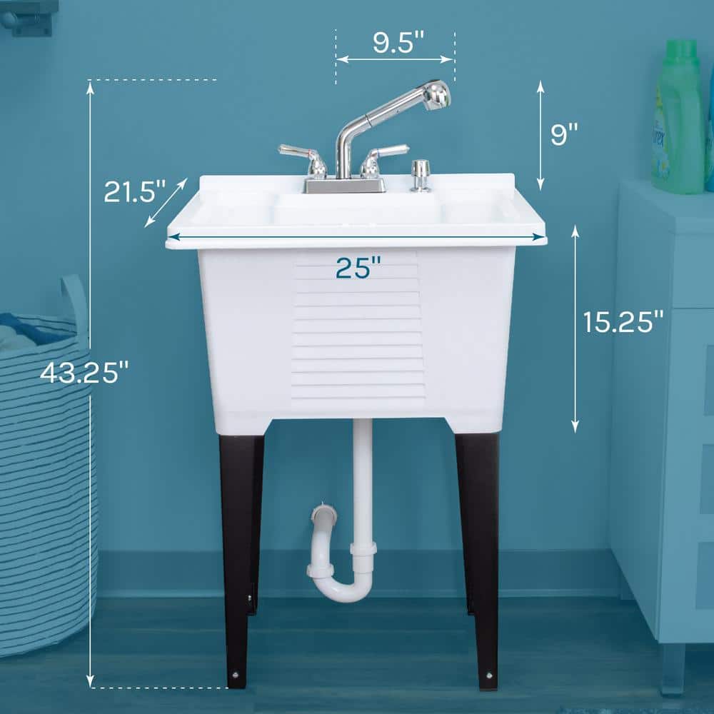 TEHILA 25 in. x 21.5 in. White ABS Freestanding Utility Sink with Chrome Faucet & Soap Dispenser