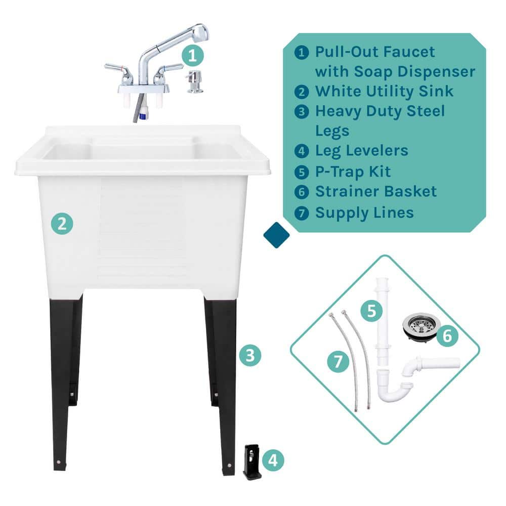 TEHILA 25 in. x 21.5 in. White ABS Freestanding Utility Sink with Chrome Faucet & Soap Dispenser