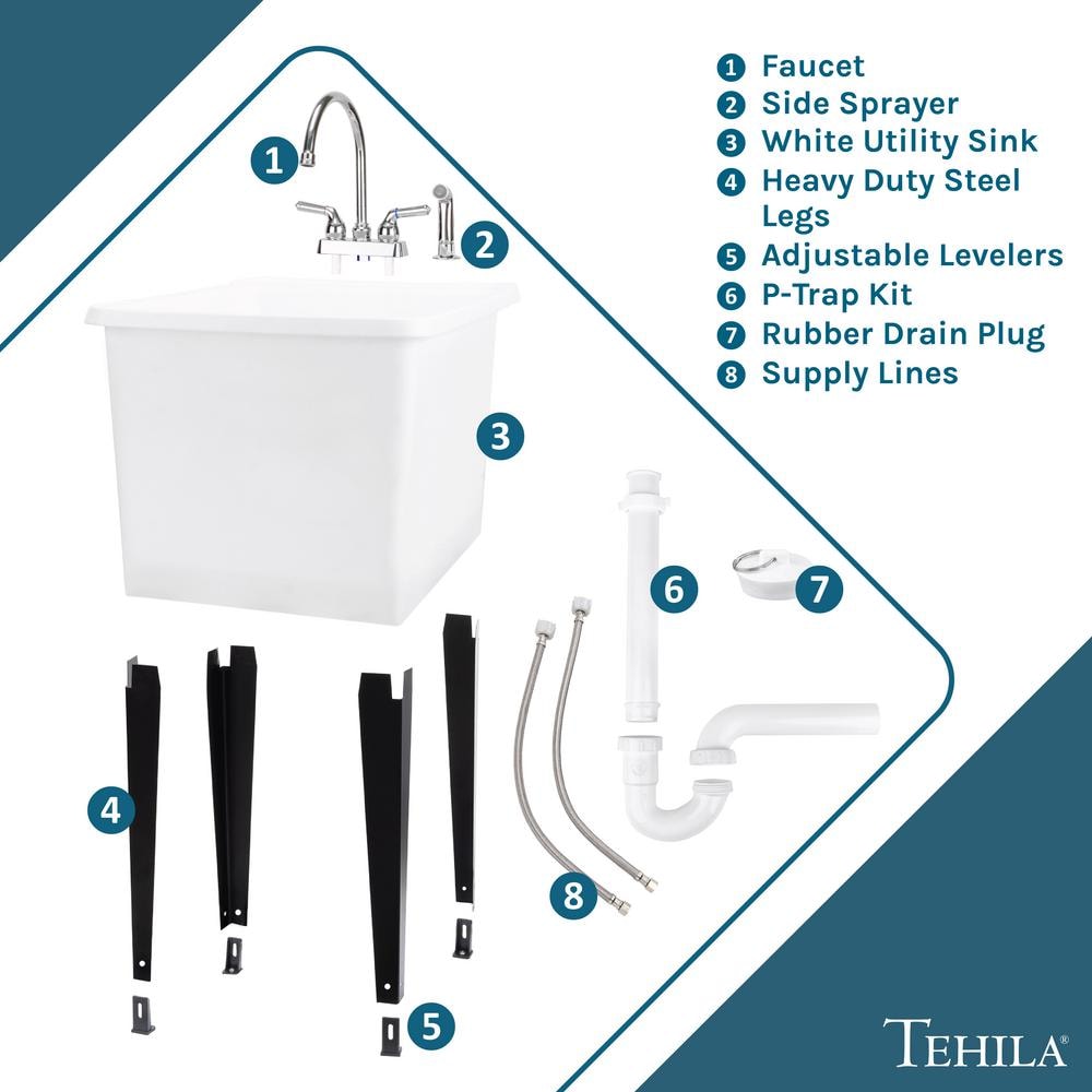 TEHILA 17.75 in. x 23.25 in. Thermoplastic Space Saver Utility Sink with Chrome Sprayer