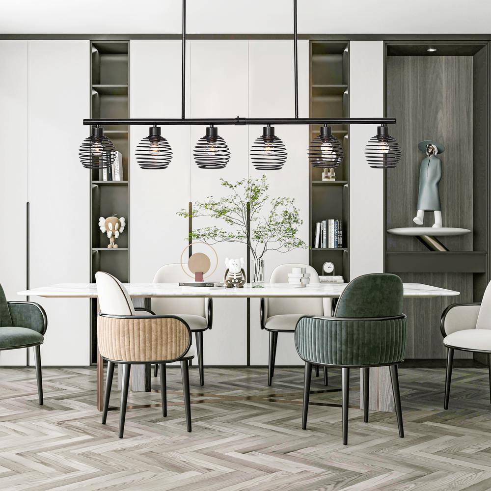 Vanity Art 60-Watt 6-Light Classic Black Shaded Globe Kitchen Island Linear Pendant Light with Metal Shade, No Bulbs Included