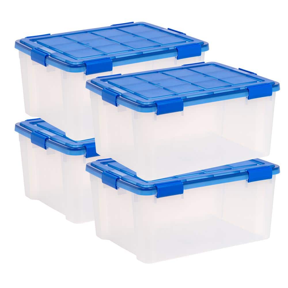 IRIS 15 Gal. Lockable Plastic Storage Tote in Clear with Sturdy Blue Lid and Buckles (4-Pack)