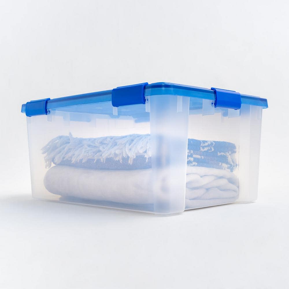 IRIS 15 Gal. Lockable Plastic Storage Tote in Clear with Sturdy Blue Lid and Buckles (4-Pack)