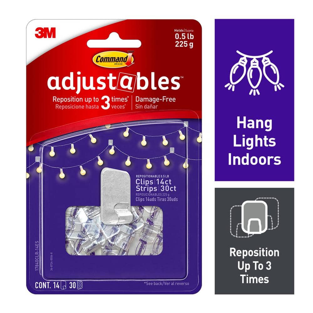 Command Adjustables 1/2 lb. Clear Repositionable Clips, 14 Clips with 30 Adhesive Strips