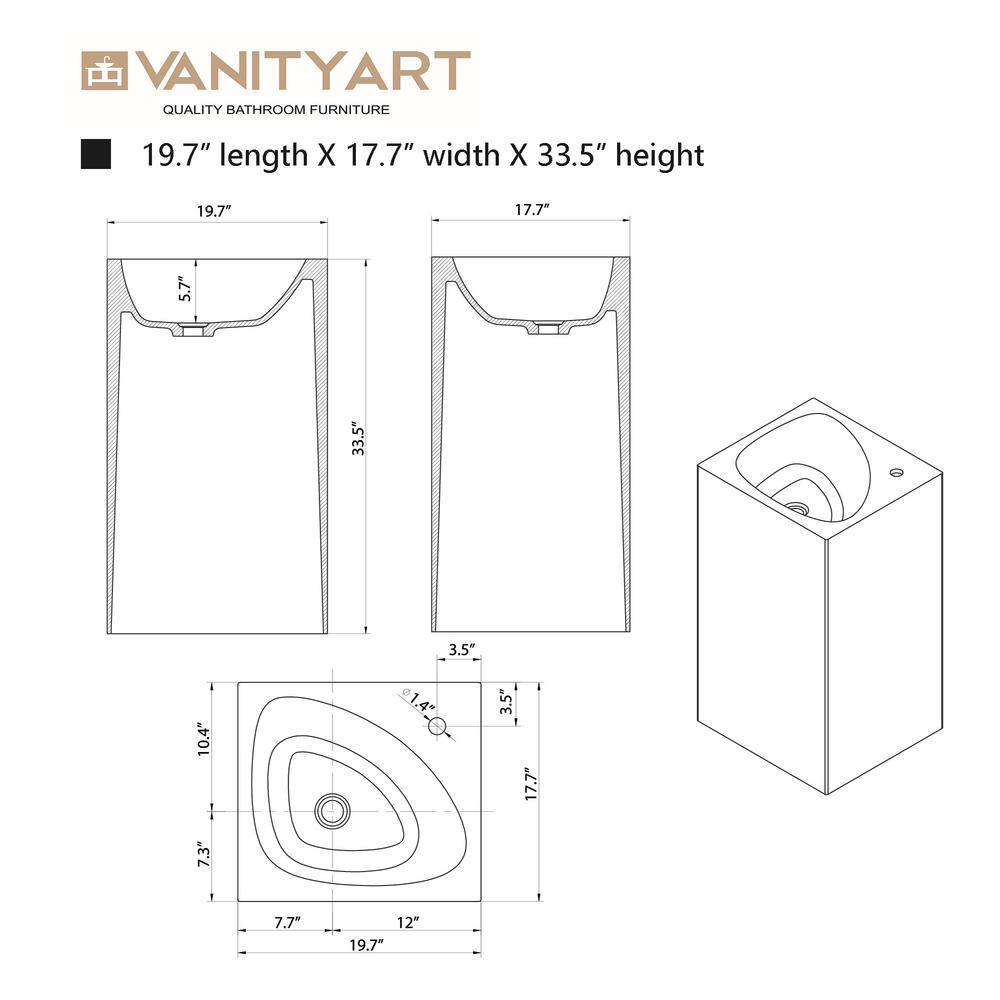 Vanity Art 20 in. L x 18 in. W x 33.5 in. H Stone Resin Transparent Freestanding Pedestal Sink Basin with Faucet Hole in Coffee