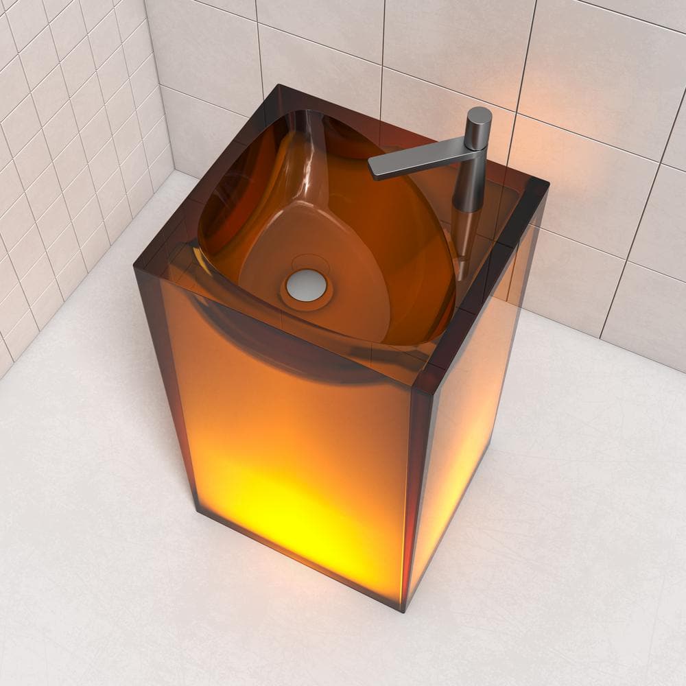 Vanity Art 20 in. L x 18 in. W x 33.5 in. H Stone Resin Transparent Freestanding Pedestal Sink Basin with Faucet Hole in Coffee