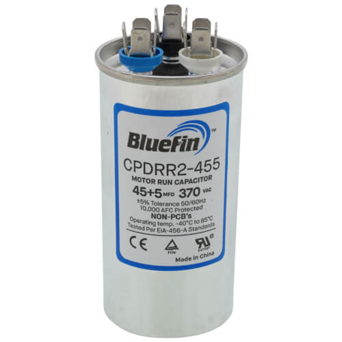 Bluefin CPDRR2-455 capacitor - front view (Product Type: Capacitor; Voltage: 370V)