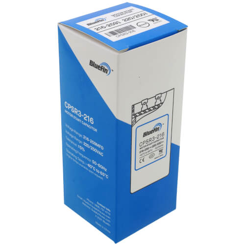 Bluefin CPSR3-216 capacitor - alternate view (Voltage: 220-250V; MFD: 216-259)