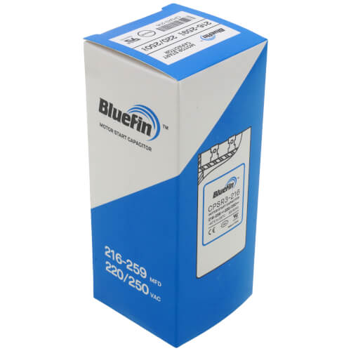 Bluefin CPSR3-216 capacitor - label view (Voltage: 220-250V; MFD: 216-259)