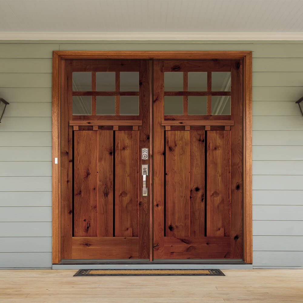 72 in. x 80 in. Craftsman Knotty Alder 6-Lite Clear Glass Unfinished Wood Left Active Inswing Double Prehung Front Door