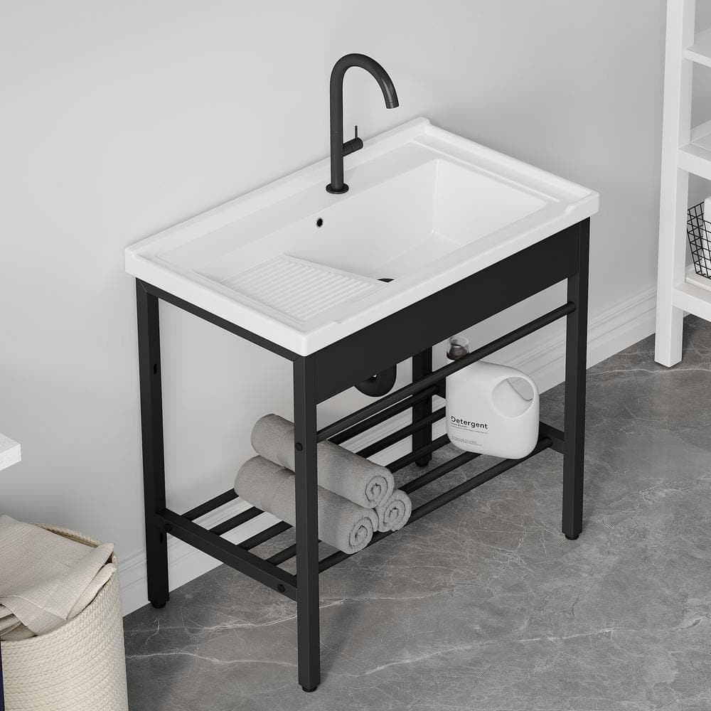 Eridanus Branson 32 in. W x 19 in. D Vitreous China Freestanding Utility/Laundry Sink with Cabinet in White, with Drainboard Set
