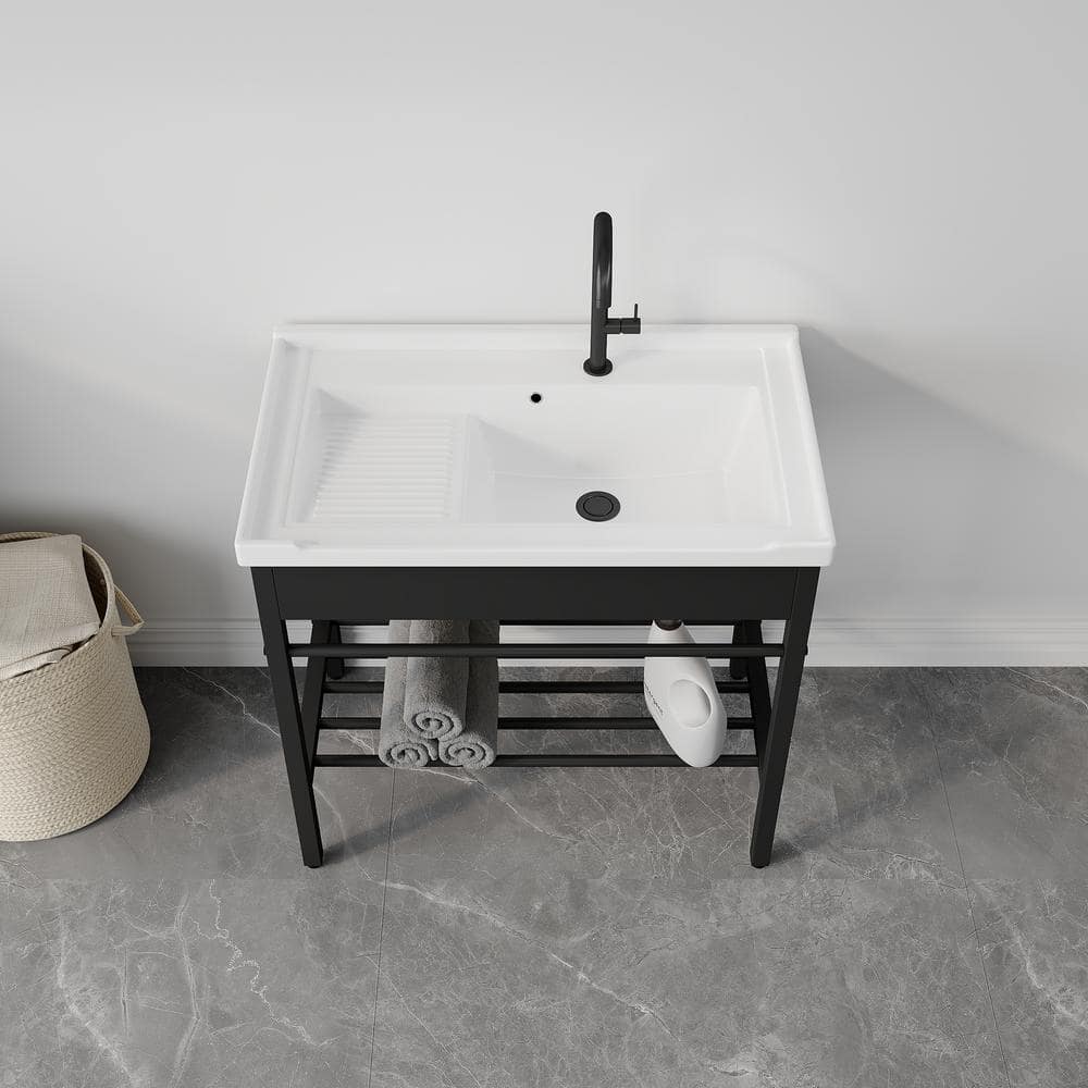 Eridanus Branson 32 in. W x 19 in. D Vitreous China Freestanding Utility/Laundry Sink with Cabinet in White, with Drainboard Set