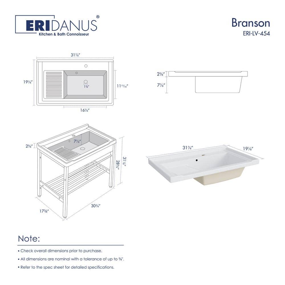 Eridanus Branson 32 in. W x 19 in. D Vitreous China Freestanding Utility/Laundry Sink with Cabinet in White, with Drainboard Set