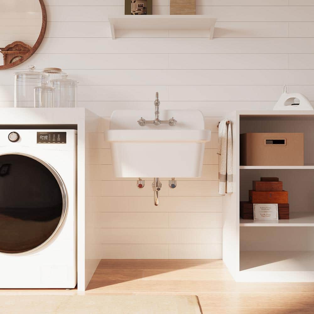 Eridanus Mason Wall Mount Laundry Utility Sink 10 Gallon in Crisp White with Basket Strainer