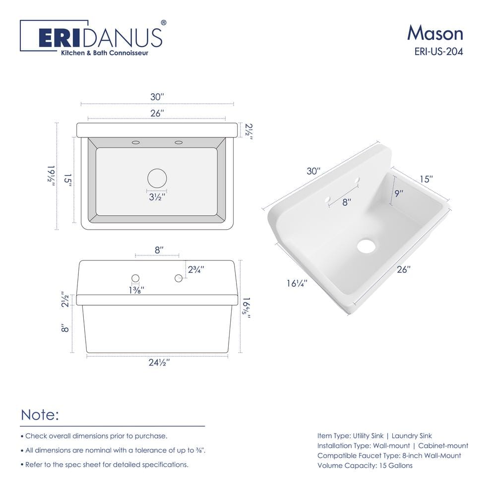 Eridanus Mason 15 Gal. Wall Mount Laundry Utility Sink - Crisp White