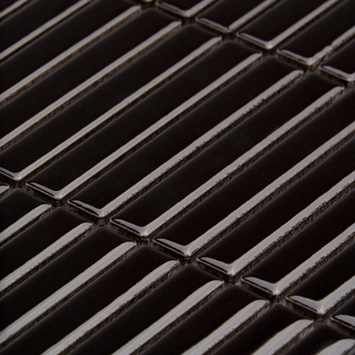Kai Black Glossy Porcelain Mosaic Tile - 1x4" Tri-Stacked