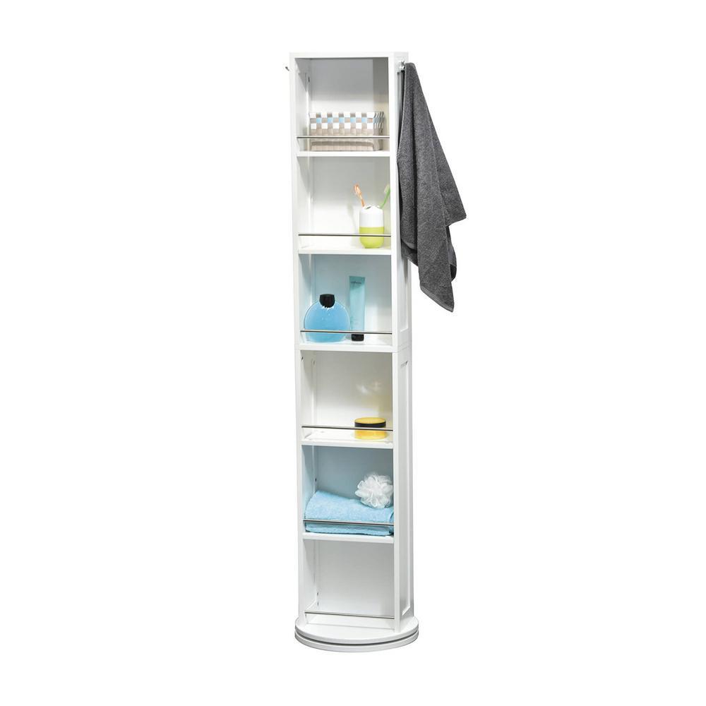 11.81 in. L x 6.89 in. W x 66.73 in. H Swivel Storage Cabinet Organizer Tower Free Standing Linen Tower Mirror in White - Super Arbor