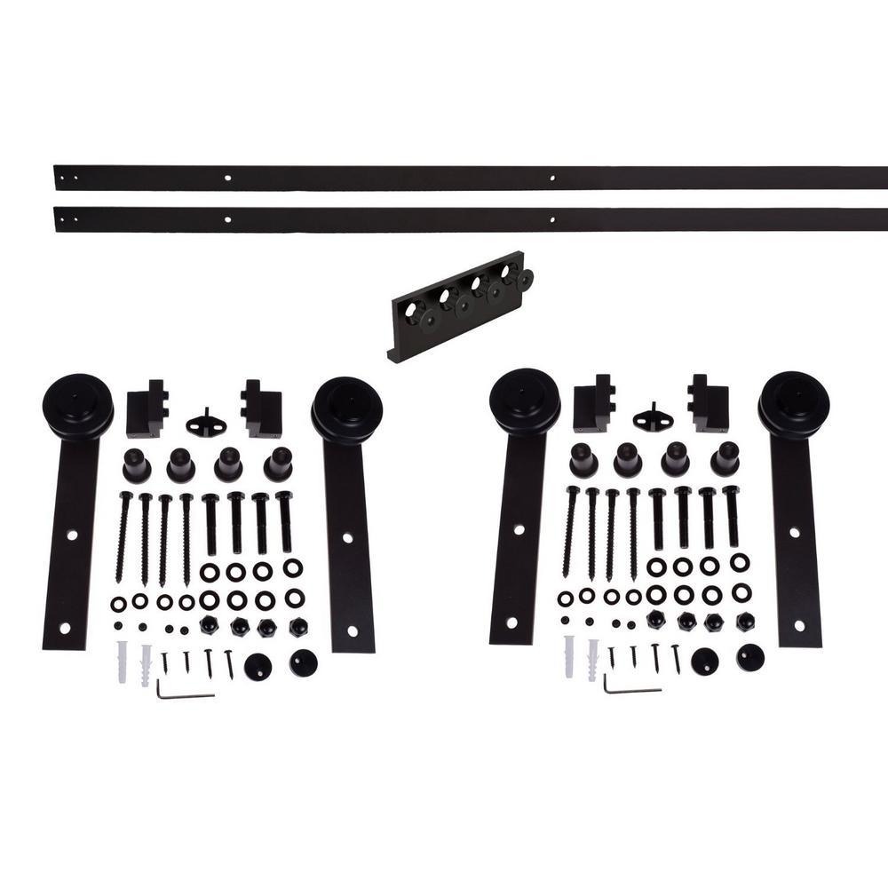 144 in. Matte Black Classic Straight Strap Sliding Barn Door Hardware (2-Set) - Super Arbor