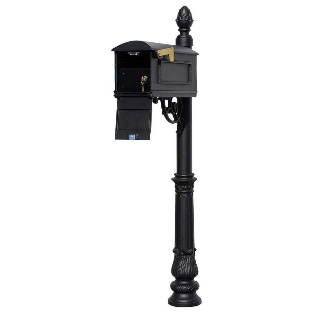 Lewiston Bronze Post Mount Locking Insert Mailbox with decorative Ornate Base and Pineapple Finial - Super Arbor