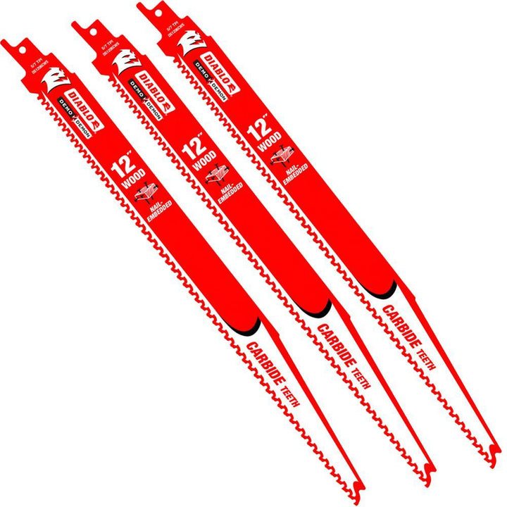 12 in. 6/9 TPI Demo Demon Carbide Tipped Reciprocating Saw Blade for Nail-Embedded Wood (3-Pack) - Super Arbor