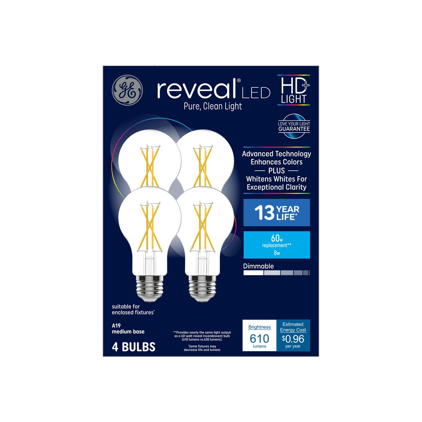 GE Reveal 60-Watt Replacement A19 Color-Enhancing Dimmable LED Light Bulbs, Medium Base, 610 Lumens (4-Pack)