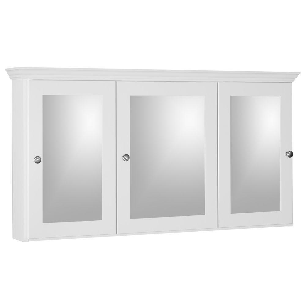 Shaker 48 in. W x 27 in. H x 6-1/2 in. D Framed Tri-View Surface-Mount Bathroom Medicine Cabinet in Satin White - Super Arbor