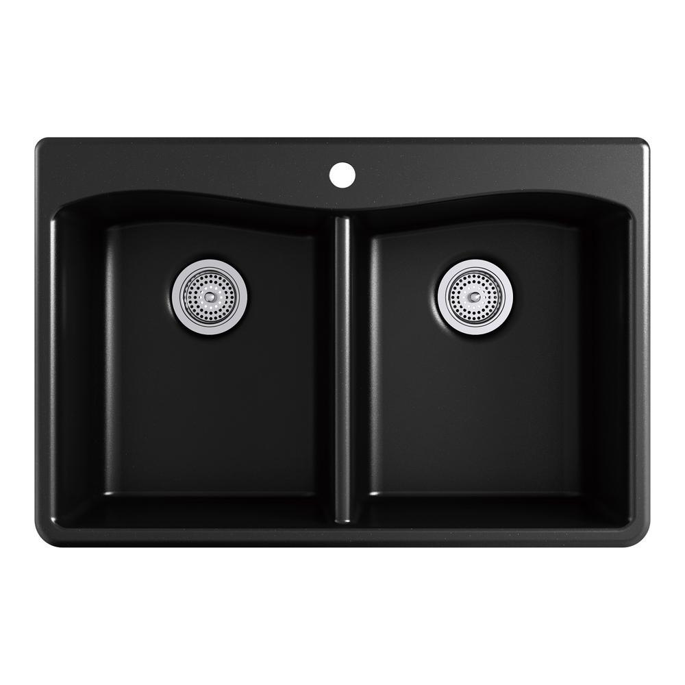 Kennon Dual Mount Neoroc Granite Composite 33 in. 1-Hole Double Bowl Kitchen Sink in Matte Black - Super Arbor