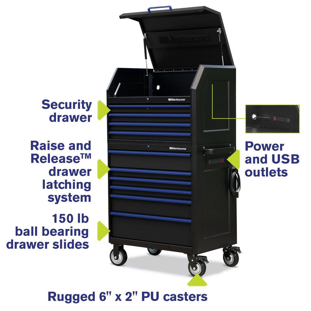 24 in. x 36 in. 10-Drawer Tool Chest and Cabinet Combo with Power and USB Outlets in Black and Blue - Super Arbor
