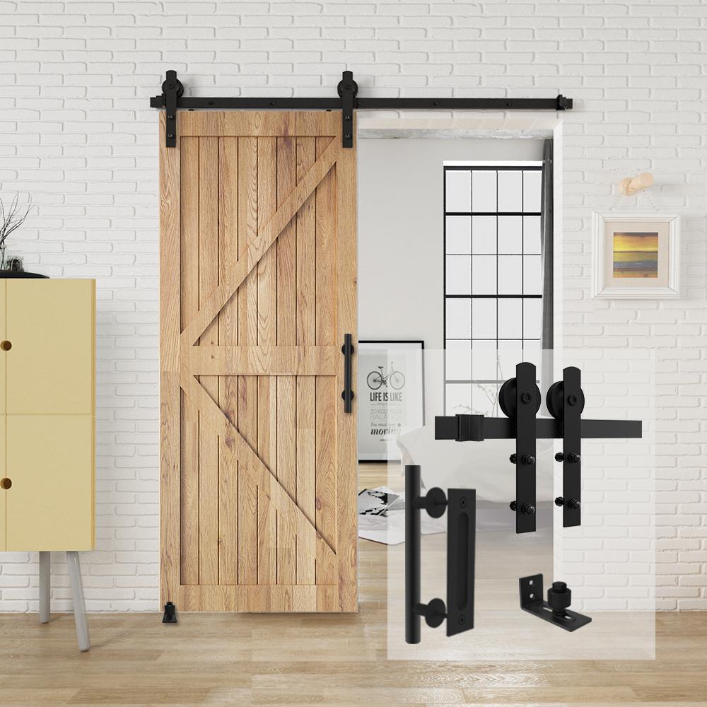 6 ft./72 in. Black Steel Strap Sliding Barn Door Track and Hardware Kit with 12 in. Cylinder Handle and Floor Guide - Super Arbor