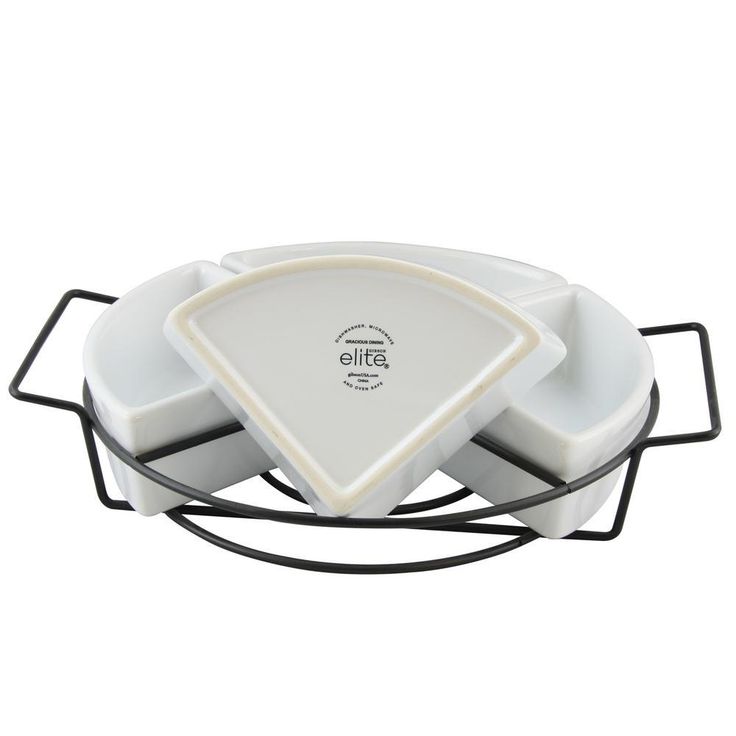 Gracious Dining 5-Piece White Ceramic 4-Section Tray Set with Metal Rack