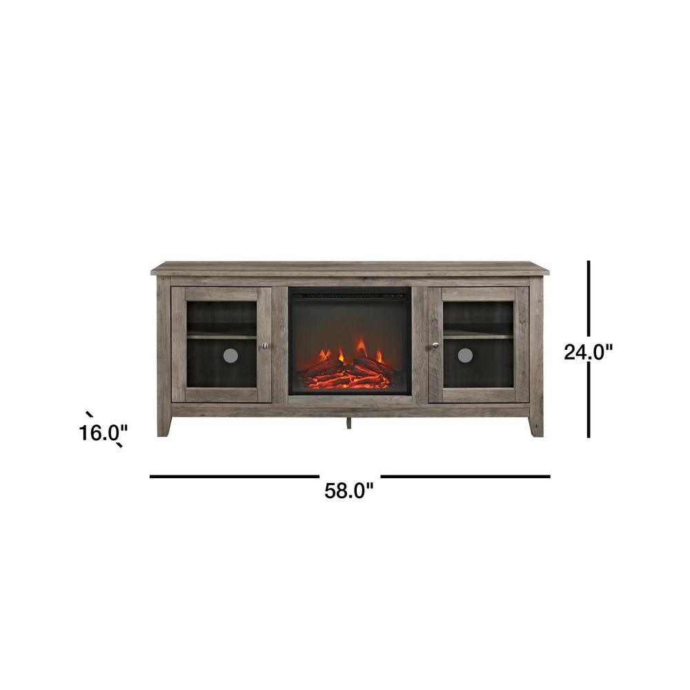 58 in. Wood Media TV Stand Console with Fireplace - Grey Wash - Super Arbor