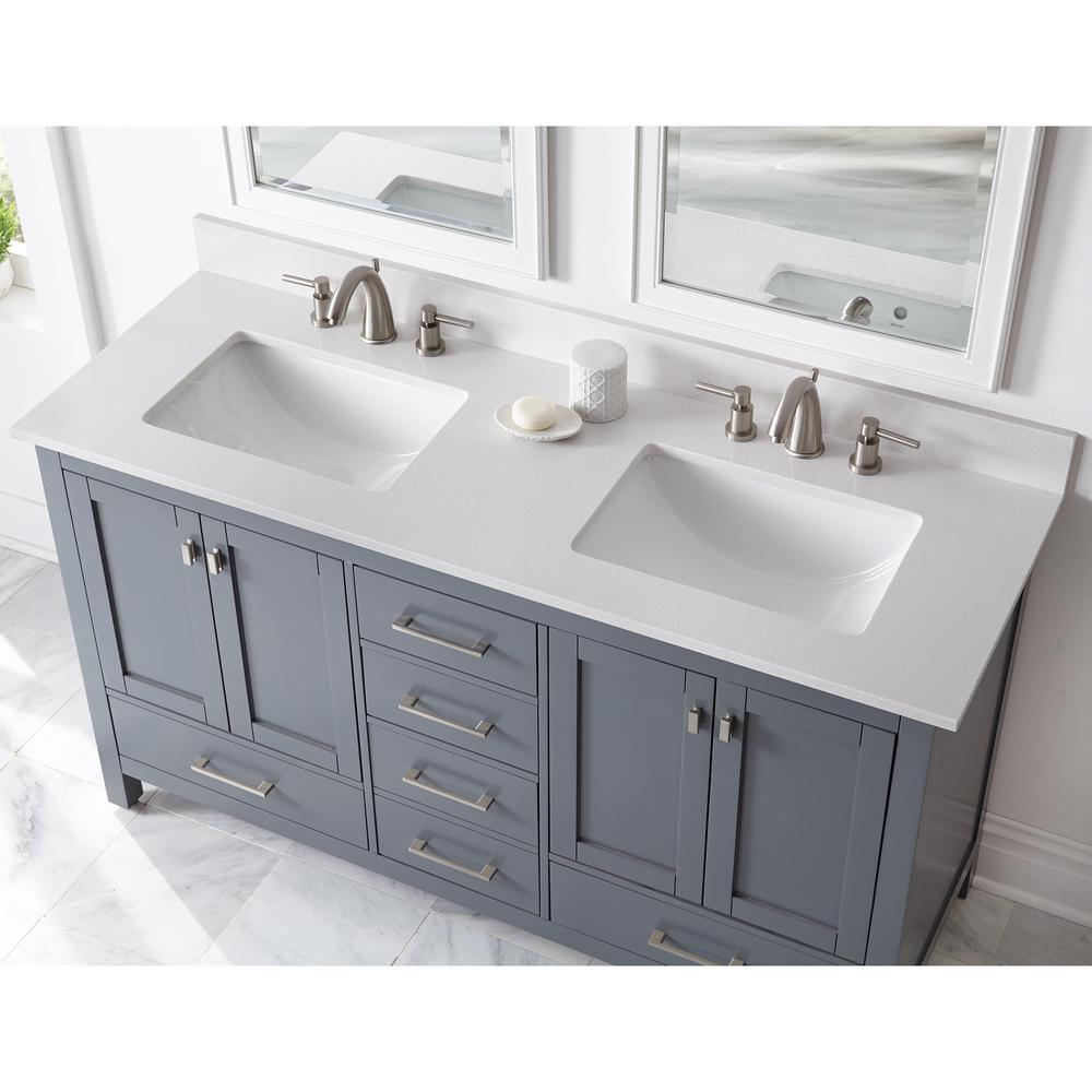61 in. W x 22 in. D Engineered Marble Vanity Top in Snowstorm with White Double Trough Sinks - Super Arbor