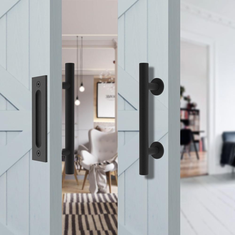 12 in. Black Ladder Pull and Flush Sliding Barn Door Handle Set (2-Pack) - Super Arbor