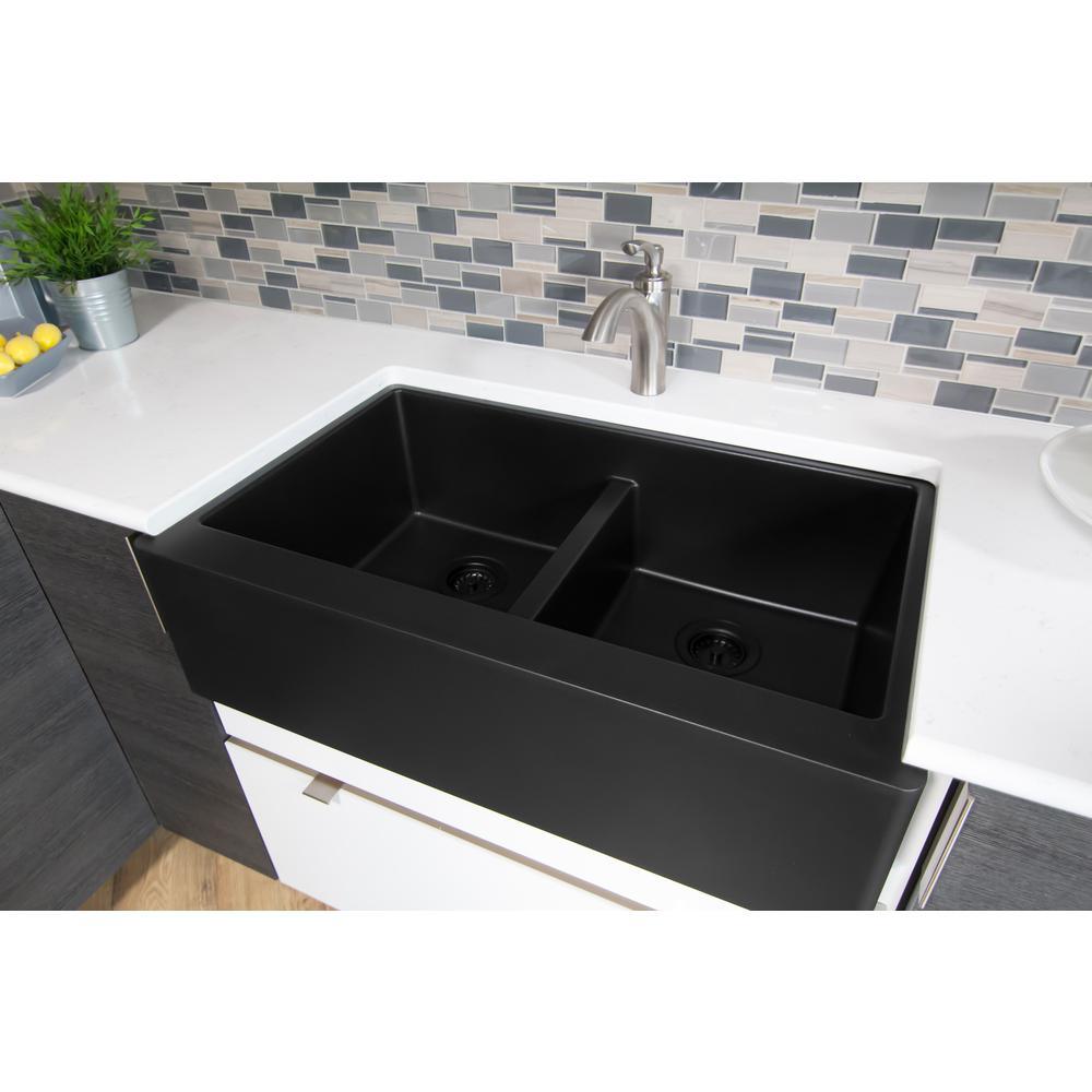 Farmhouse Apron Front Quartz Composite 34 in. Double Bowl Kitchen Sink in Black - Super Arbor