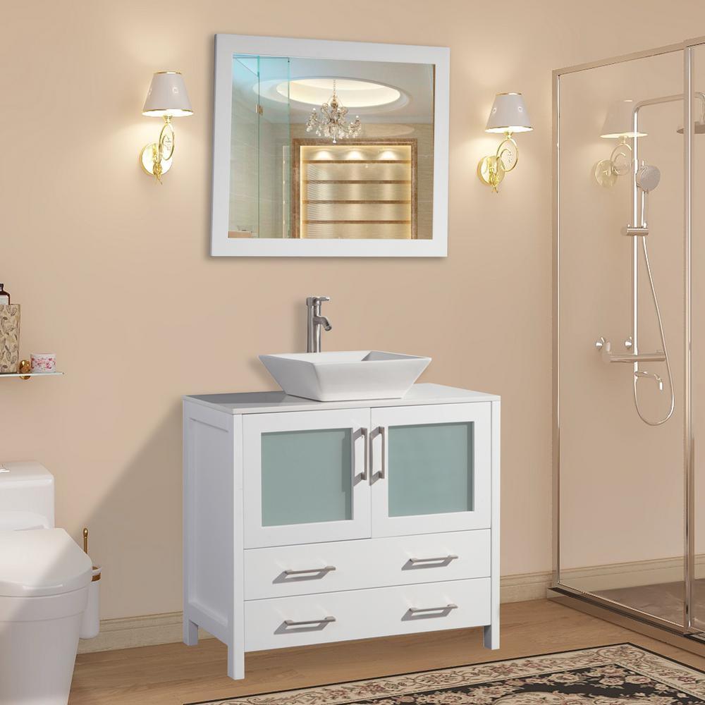 36 in. W x 18.5 in. D x 36 in. H Bathroom Vanity in White with Single Basin Vanity Top in White Ceramic and Mirror - Super Arbor