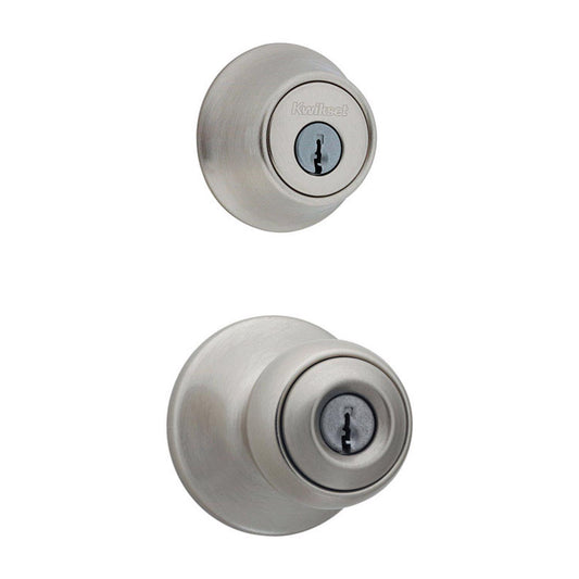 Kwikset Polo Satin Nickel Entry Lock and Single Cylinder Deadbolt, ANSI/BHMA Grade 3, 1-3/4 in.