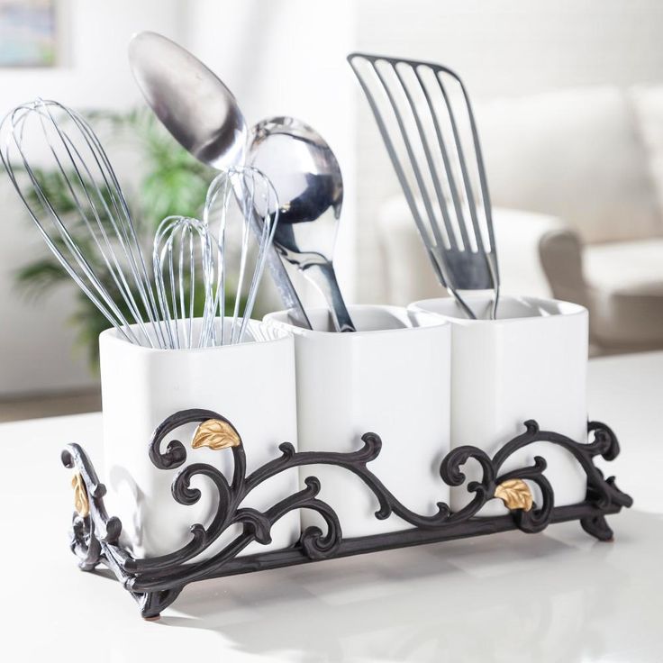 Gold Leaf Ceramic 3-vase Flatware Caddy with Espresso Brown Vines and Gold Leaf Accented Base