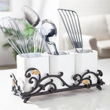 Gold Leaf Ceramic 3-vase Flatware Caddy with Espresso Brown Vines and Gold Leaf Accented Base
