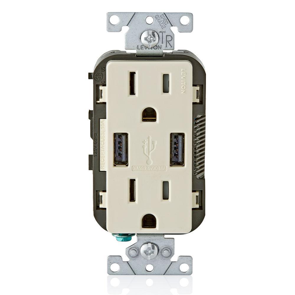 3.6A USB Dual Type A In-Wall Charger with 15 Amp Tamper-Resistant Outlets, Ivory - Super Arbor