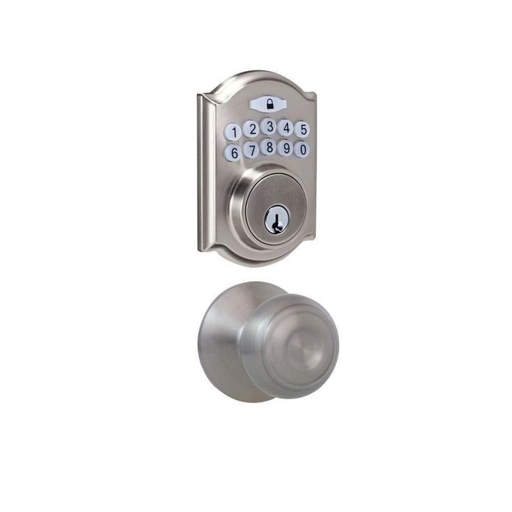 Castle Satin Nickel Keypad Deadbolt with Hartford Stain Nickel Hall and Closet Passage Knob