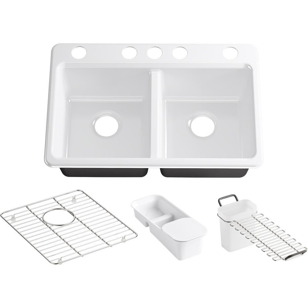 Riverby Workstation Undermount Cast Iron 33 in. 5-Hole Double Bowl Kitchen Sink Kit in White with Accessories - Super Arbor
