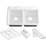 Riverby Workstation Undermount Cast Iron 33 in. 5-Hole Double Bowl Kitchen Sink Kit in White with Accessories - Super Arbor