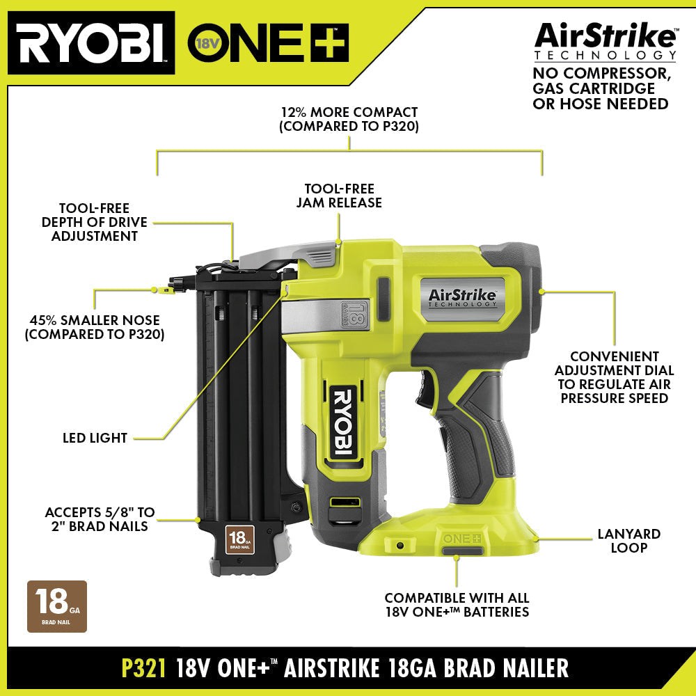 RYOBI 18V ONE+ AirStrike Cordless 18-Gauge Brad Nailer (Tool Only)