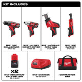 Milwaukee M12 12V Li-Ion Cordless 4-Tool Combo Kit with (2) 1.5Ah Batteries, Charger + PACKOUT Hole Saw Set (10‑Pc)