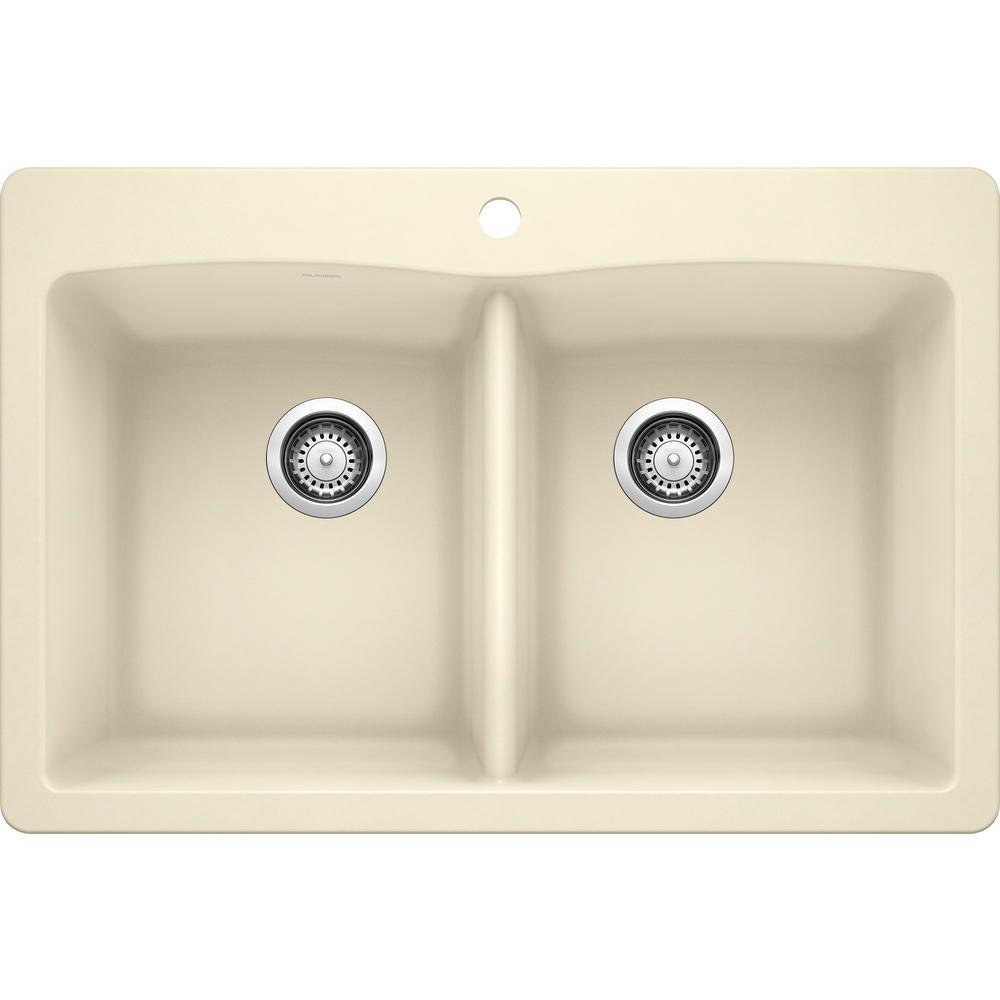 DIAMOND Dual Mount Granite Composite 33 in. 1-Hole 50/50 Double Bowl Kitchen Sink in White - Super Arbor