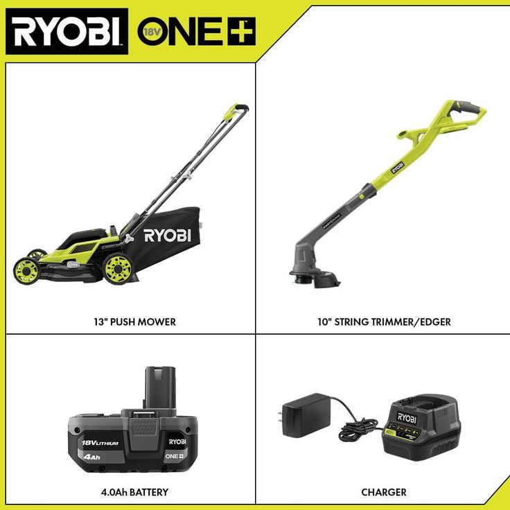 RYOBI 13 in. ONE+ 18-Volt Lithium-Ion Battery Walk Behind Push Lawn Mower & String Trimmer - 4.0 Ah Battery/Charger Included