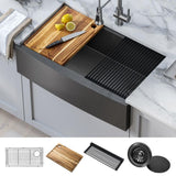 Gunmetal 32.88 in. Stainless Steel 16-Gauge PVD Single Bowl Farmhouse Apron Workstation Kitchen Sink with Accessories