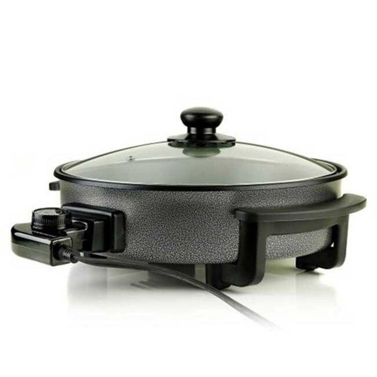 12 In. Black Non Stick Electric Skillet Aluminum Body and Tempered Glass Lid, Removable Temperature Knob